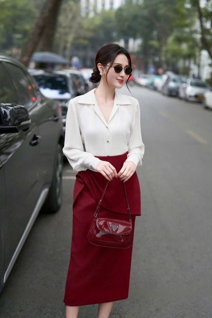 VGU1790 - SET ÁO SƠ MI TAY DÀI - CHÂN VÁY KIỂU MÀU ĐỎ