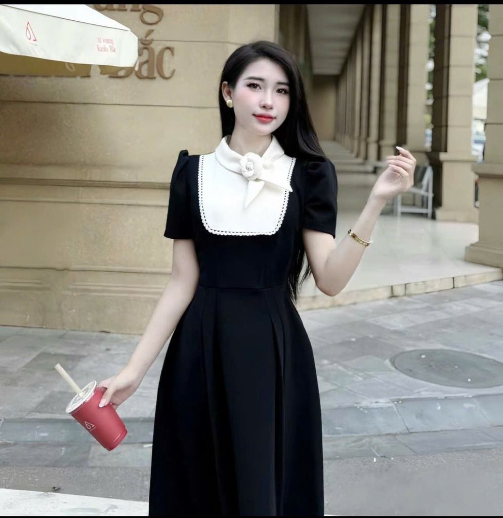 VGU1804 - ĐẦM DÀI PHỐI NƠ CỔ TAG HOA