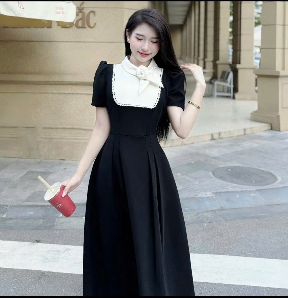 VGU1804 - ĐẦM DÀI PHỐI NƠ CỔ TAG HOA