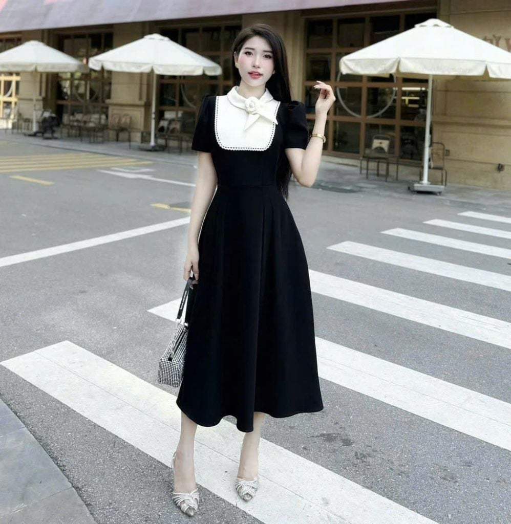 VGU1804 - ĐẦM DÀI PHỐI NƠ CỔ TAG HOA