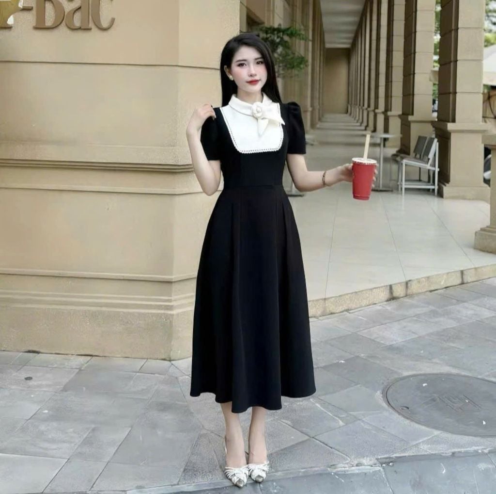 VGU1804 - ĐẦM DÀI PHỐI NƠ CỔ TAG HOA