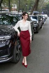 VGU1790 - SET ÁO SƠ MI TAY DÀI - CHÂN VÁY KIỂU MÀU ĐỎ