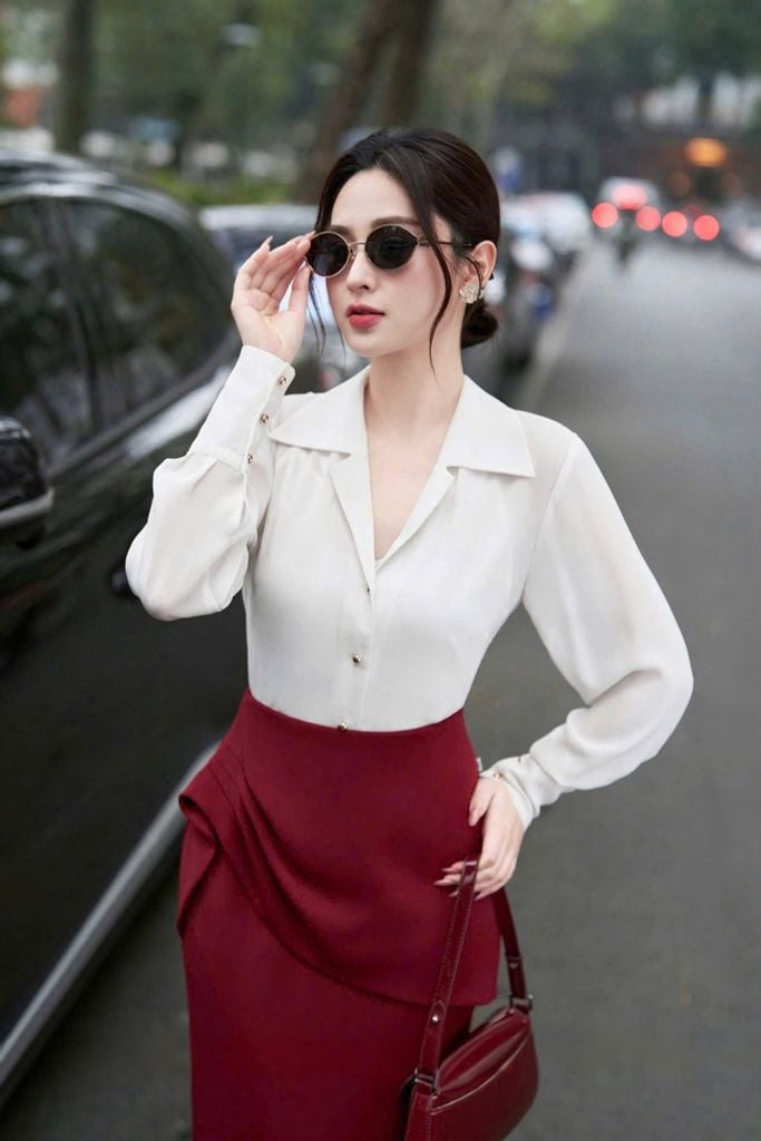 VGU1790 - SET ÁO SƠ MI TAY DÀI - CHÂN VÁY KIỂU MÀU ĐỎ