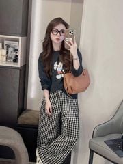 SHE4719 - SET ÁO THUN MICKEY  MÀU ĐEN - QUẦN SỌC CARO DÀI