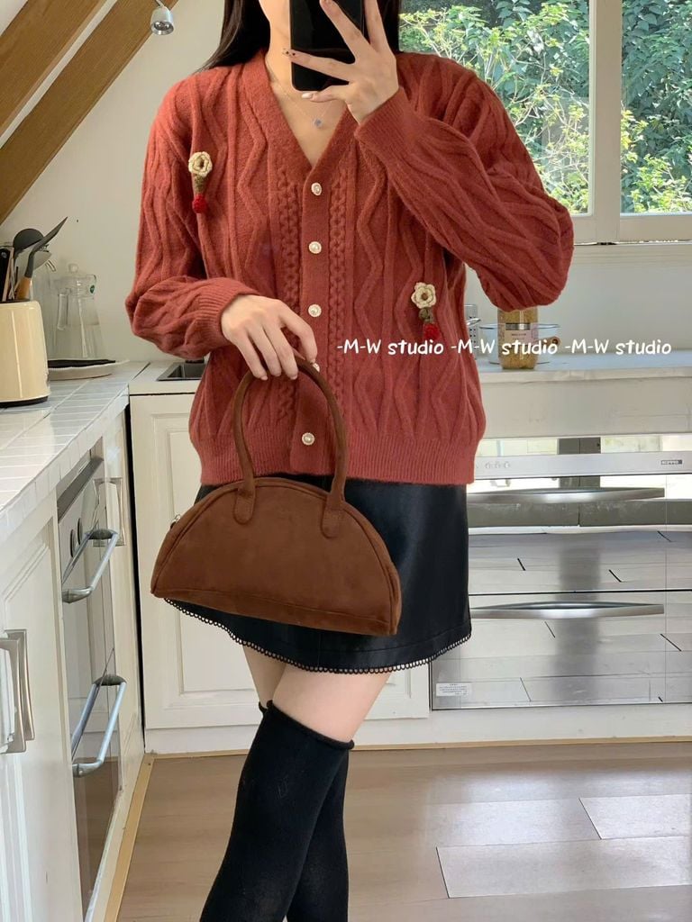 LEN5040 CARDIGAN LEN HOA NÚT NGỌC (ĐỎ)