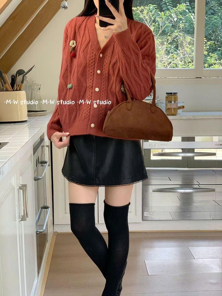 LEN5040 CARDIGAN LEN HOA NÚT NGỌC (ĐỎ)