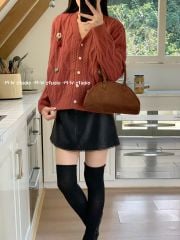 LEN5040 CARDIGAN LEN HOA NÚT NGỌC (ĐỎ)