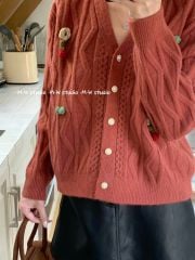 LEN5040 CARDIGAN LEN HOA NÚT NGỌC (ĐỎ)