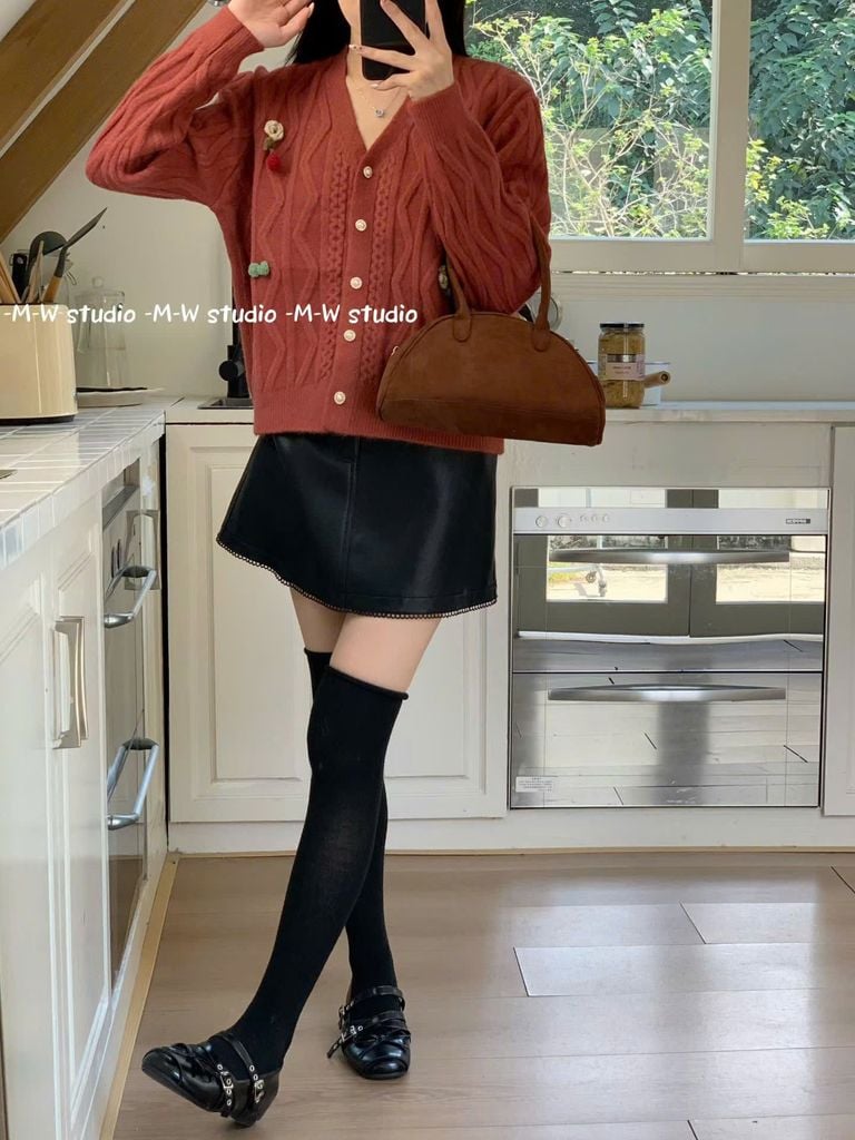 LEN5040 CARDIGAN LEN HOA NÚT NGỌC (ĐỎ)