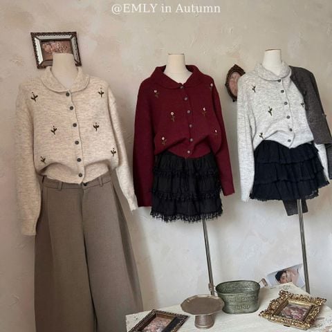 LEN5268 KHOÁC LEN THÊU HOA CÓ CỔ (DA) F818