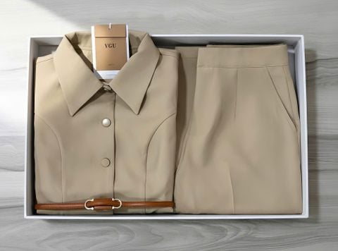 VGU1892 SET CÔNG SỞ CỔ SƠMI - QUẦN TÂY + NỊT (NÂU ẢNH SÀN)