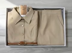 VGU1892 SET CÔNG SỞ CỔ SƠMI - QUẦN TÂY + NỊT (NÂU ẢNH SÀN)