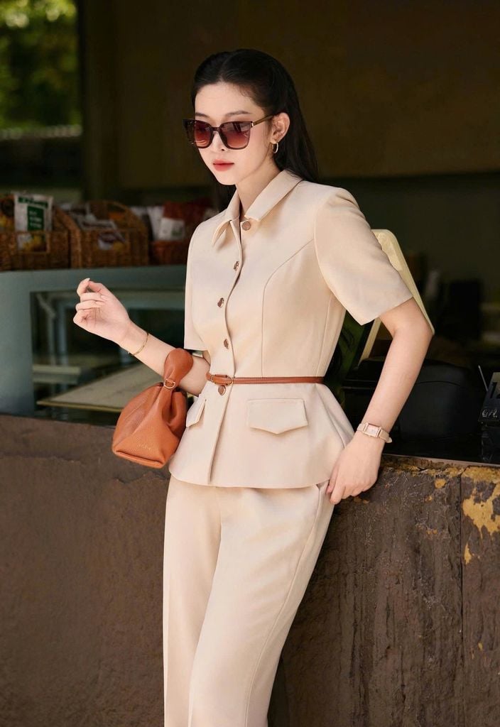 VGU1892 SET CÔNG SỞ CỔ SƠMI - QUẦN TÂY + NỊT (NÂU ẢNH SÀN)