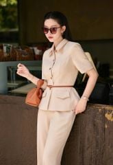 VGU1892 SET CÔNG SỞ CỔ SƠMI - QUẦN TÂY + NỊT (NÂU ẢNH SÀN)