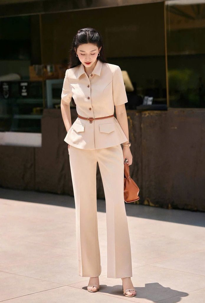 VGU1892 SET CÔNG SỞ CỔ SƠMI - QUẦN TÂY + NỊT (NÂU ẢNH SÀN)