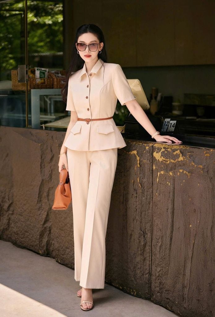 VGU1892 SET CÔNG SỞ CỔ SƠMI - QUẦN TÂY + NỊT (NÂU ẢNH SÀN)