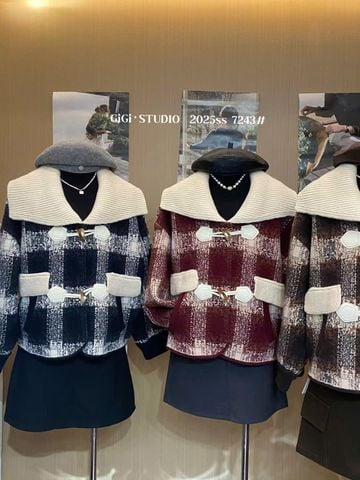 LEN5426 KHOÁC DẠ ÉP CARO CỔ PHỐI LEN (ĐEN) 7243