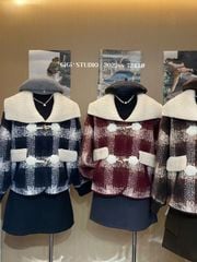 LEN5426 KHOÁC DẠ ÉP CARO CỔ PHỐI LEN (ĐEN) 7243