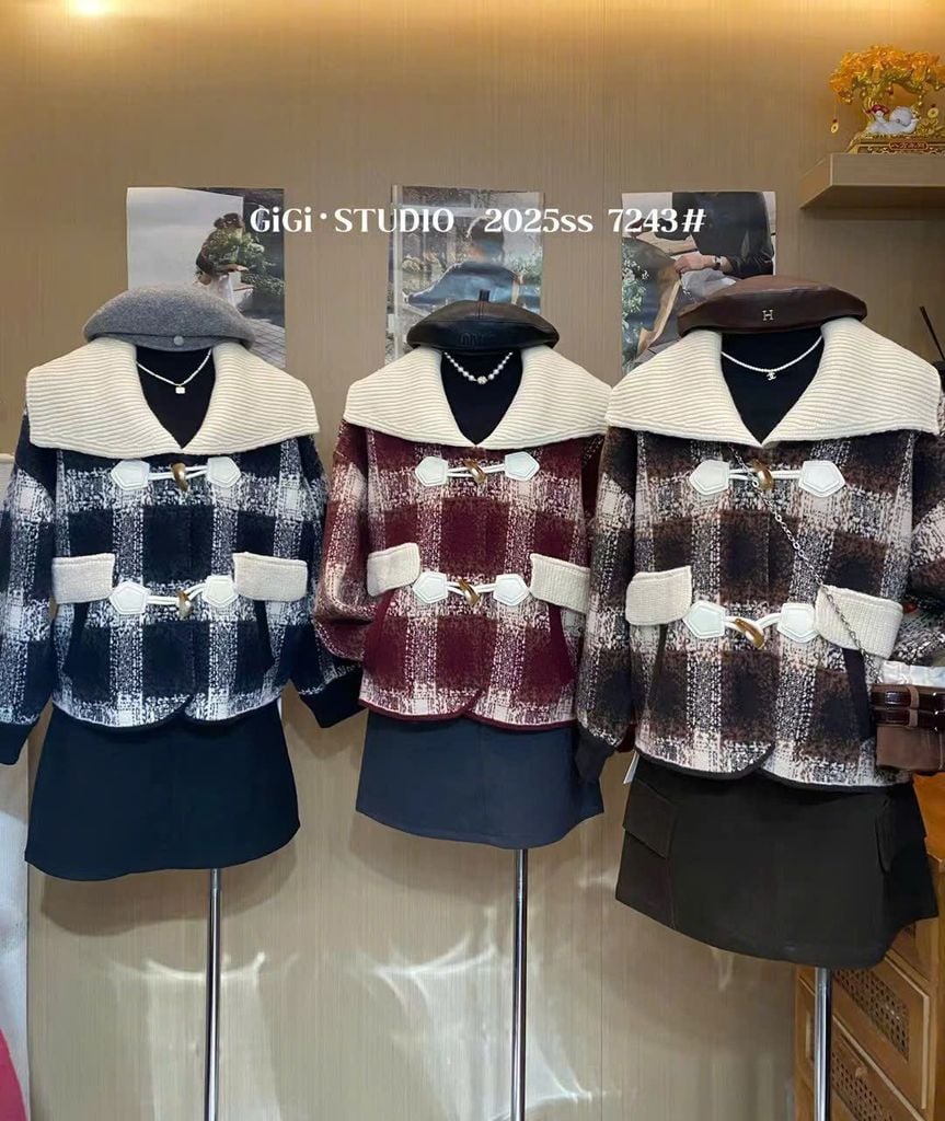 LEN5426 KHOÁC DẠ ÉP CARO CỔ PHỐI LEN (ĐEN) 7243