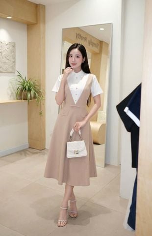 SKY9602 ĐẦM DÀI CỔ SƠMI EO ĐÍNH NƠ (DA)