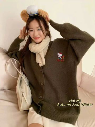 LEN5548 CARDIGAN LEN KITTY CỔ V (NÂU)