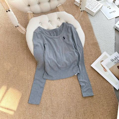 SKY9677 - ÁO THUN TAY DÀI CỔ TRÒN LOGO THÊU - MÀU XÁM