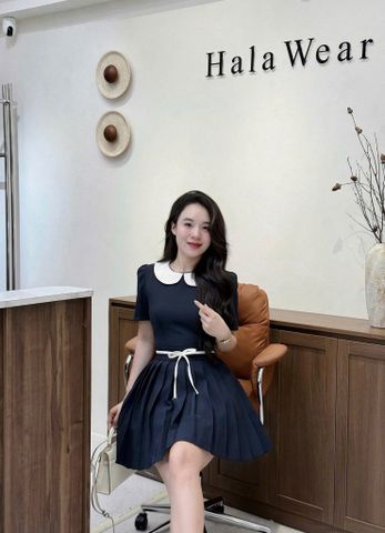 SKY5954 - ĐẦM XẾP LY CỔ SEN PHỐI NƠ EO