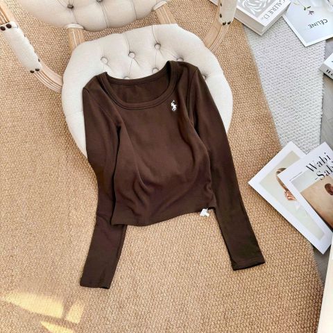 SKY9674 - ÁO THUN TAY DÀI CỔ TRÒN LOGO THÊU - MÀU NÂU