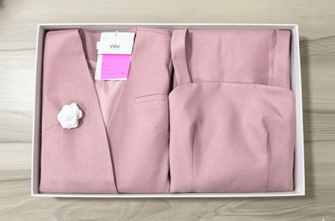 VGU1926 - SET 3 MÓN - ÁO VEST + ĐẦM + TAG HOA ( KO KÈM NỊT )- MÀU HỒNG