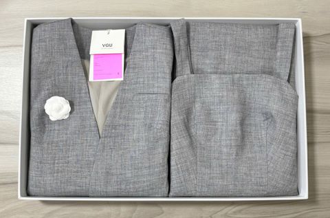 VGU1927 - SET 3 MÓN - ÁO VEST + ĐẦM + TAG HOA ( KO KÈM NỊT )- MÀU XÁM