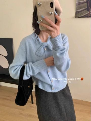 LEN5648 - ÁO LEN TAY DÀI PHỐI NƠ VIỀN CỔ - MÀU XANH