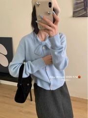 LEN5648 - ÁO LEN TAY DÀI PHỐI NƠ VIỀN CỔ - MÀU XANH