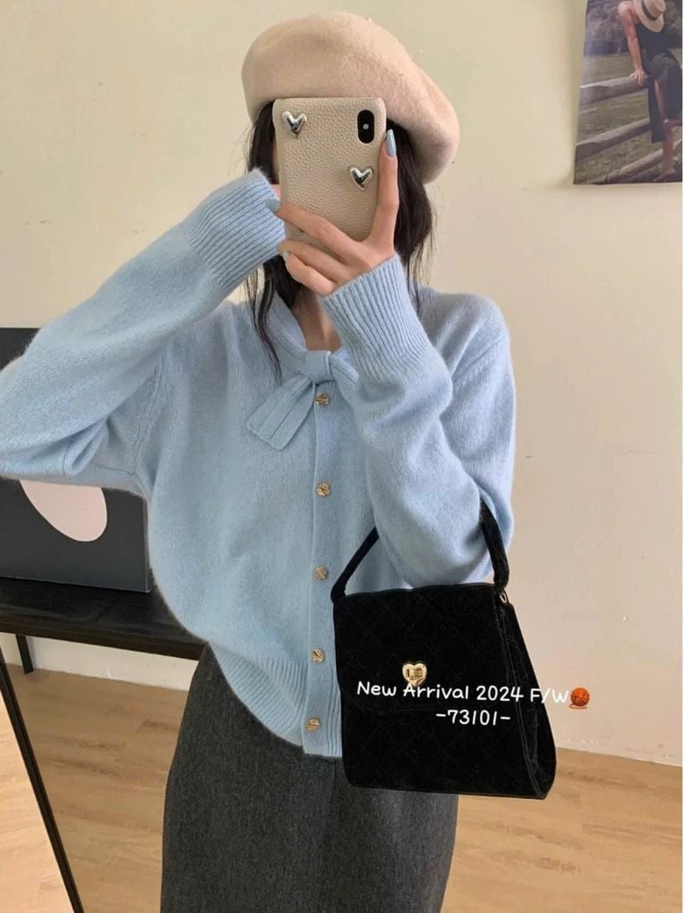 LEN5648 - ÁO LEN TAY DÀI PHỐI NƠ VIỀN CỔ - MÀU XANH