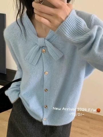 LEN5648 - ÁO LEN TAY DÀI PHỐI NƠ VIỀN CỔ - MÀU XANH