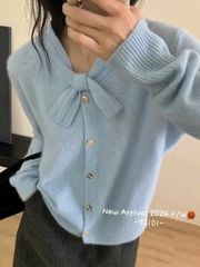 LEN5648 - ÁO LEN TAY DÀI PHỐI NƠ VIỀN CỔ - MÀU XANH