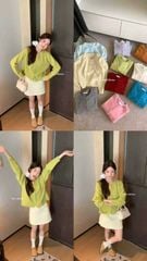 LEN5664 - ÁO LEN THÊU NƠ NỔI MÀU XANH 25231