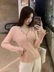 LEN5635 - ÁO LEN TAY DÀI PHỐI REN 15326 - MÀU HỒNG