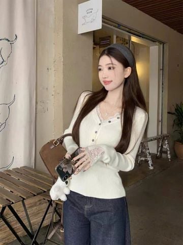 LEN5634 - ÁO LEN TAY DÀI PHỐI REN 15326 - MÀU KEM