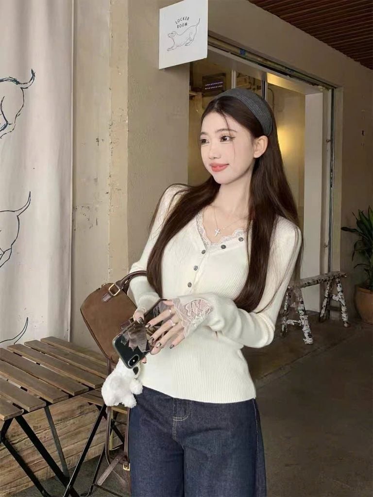 LEN5635 - ÁO LEN TAY DÀI PHỐI REN 15326 - MÀU HỒNG