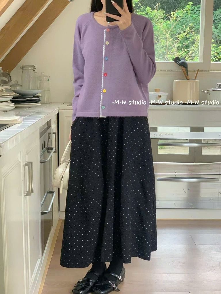 LEN5676 - ÁO LEN TAY DÀI PHỐI NÚT MÀU VIỀN REN - MÀU TÍM