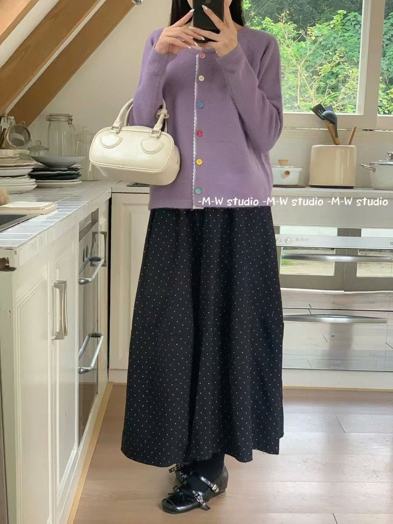 LEN5678 - ÁO LEN TAY DÀI PHỐI NÚT MÀU VIỀN REN - MÀU XANH