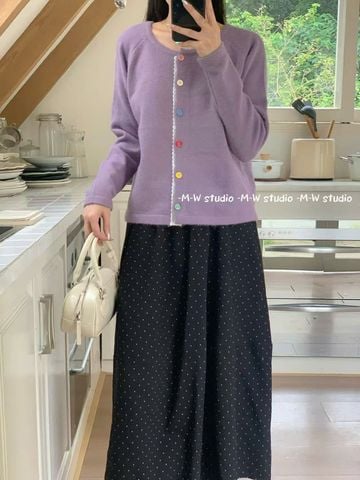 LEN5676 - ÁO LEN TAY DÀI PHỐI NÚT MÀU VIỀN REN - MÀU TÍM