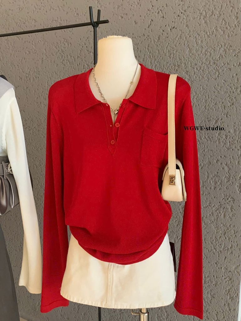 LEN5605 - ÁO LEN CỔ POLO PHỐI TÚI 7427 - MÀU XÁM