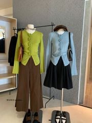 LEN5644 -  LEN MỎNG TAY DÀI  NÚT BẤM HOA 7469 - MÀU XANH ĐẬU