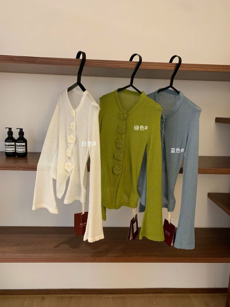 LEN5644 -  LEN MỎNG TAY DÀI  NÚT BẤM HOA 7469 - MÀU XANH ĐẬU