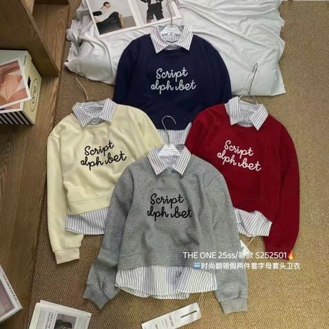 LEN5732 SWEATER THÊU CHỮ PHỐI SƠMI SỌC (KEM) 252510