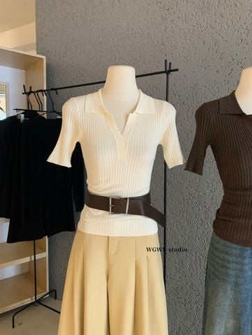 LEN5708 ÁO LEN CỔ POLO TAY NGẮN WGWE (KEM) 7267