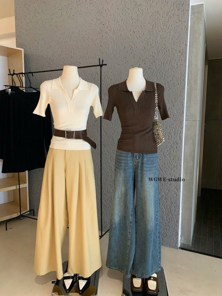 LEN5708 ÁO LEN CỔ POLO TAY NGẮN WGWE (KEM) 7267