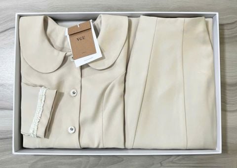 VGU1963 SET ÁO CỔ SEN TAY DÀI - CHÂN VÁY KEM