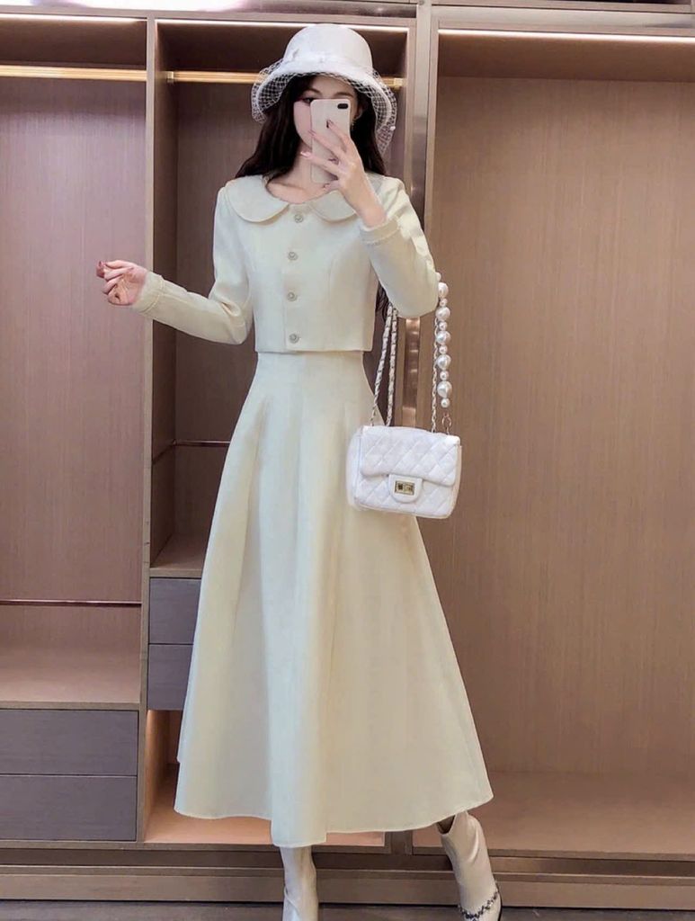 VGU1963 SET ÁO CỔ SEN TAY DÀI - CHÂN VÁY KEM